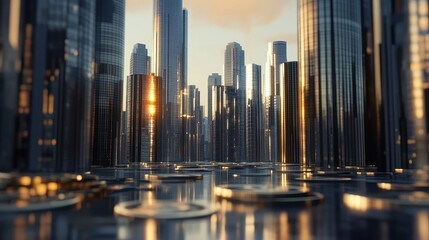 Obraz premium Tall buildings and coins are the same height 