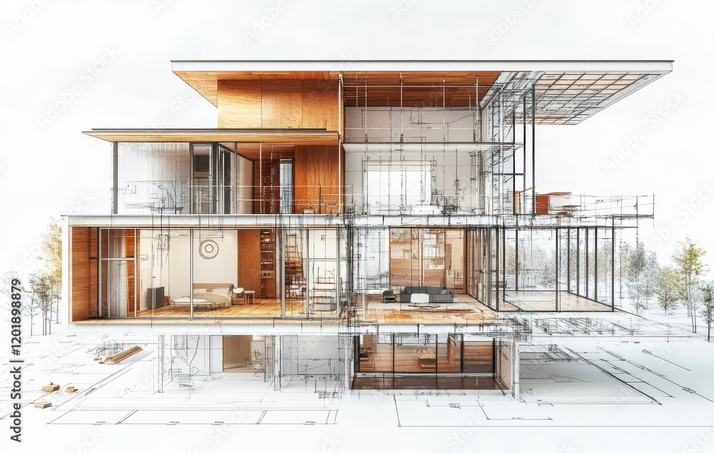Poster modern architectural design of a multi-level house with open spaces and natural light integration, s