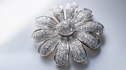 Obraz premium Elegant silver flower brooch adorned with sparkling crystals on a soft background.