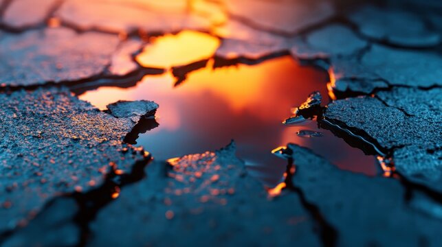 Sunlight glows as it reflects off the water-filled cracks within the dry earth's surface. This image is a stark reminder of environmental changes and resilience.
