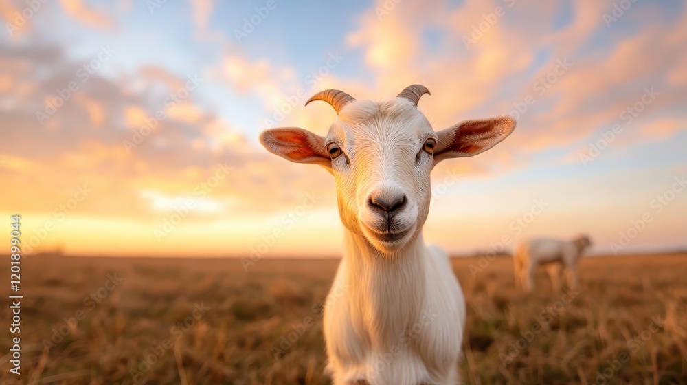 Poster a goat stands in a vast open field, illuminated by the vibrant colors of the sunset sky, creating a 