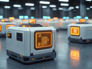 Futuristic automated storage devices in a modern warehouse setup, showcasing innovation and advanced design.