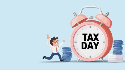 A cheerful character celebrates Tax Day next to a large alarm clock and stacks of paperwork.