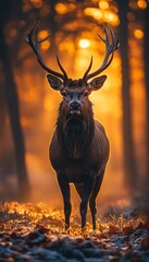Majestic stag at sunset in autumn forest