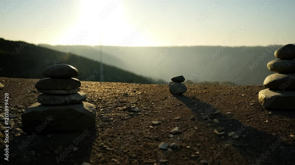 Poster flag light focused shadow video, the camera pans across several balanced stones, with a sharp shadow