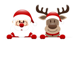 Weihnachtsmann Und Rentier Über Horizontalem Banner Dunkelrot