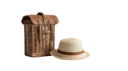 A stylish wicker picnic basket paired with a classic straw hat, perfect for outdoor activities and leisure moments under the sun.