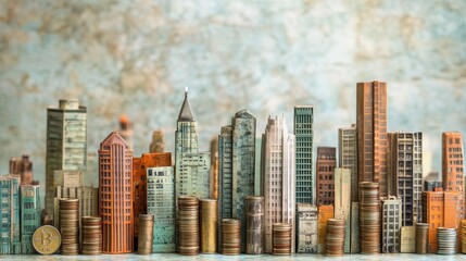 Obraz premium Tall buildings and coins are the same height 
