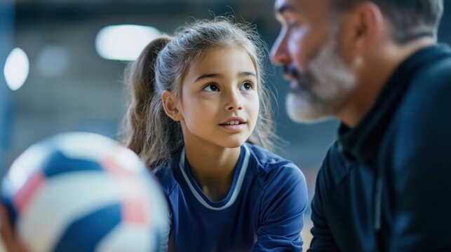Young girl attentively listens to her coach during a volleyball training session.