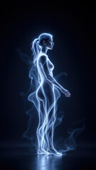 AI virtual companion walking through misty environment with glowing human-like form.