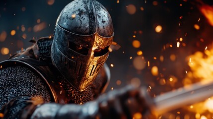 An armored knight stands poised for battle amidst swirling fiery embers, showcasing valor and determination in a medieval setting filled with intensity and action.