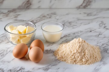 An assortment of essential baking ingredients including eggs, butter, and milk displayed together, emphasizing the foundation of sweet and savory baked goods.