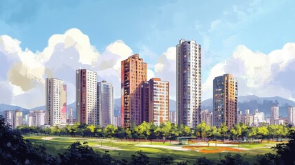 Obraz premium Tall buildings and coins are the same height 