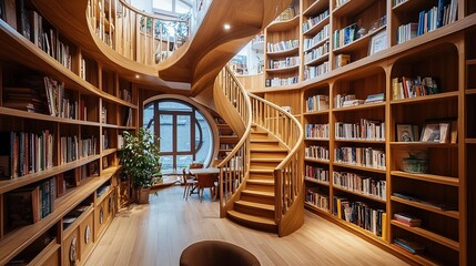 A cozy urban bookstore with wooden shelves and a hidden spiral staircase.