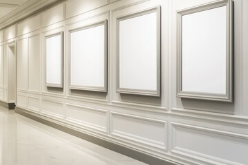 Fototapeta premium A clean, white gallery space with frames prepared for artwork, creating an inviting atmosphere for creativity and artistic expression in any artistic endeavor.