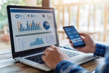 This image captures a close-up view of a laptop displaying business data alongside a smartphone, emphasizing modern analytics tools driving decision-making in the corporate world.