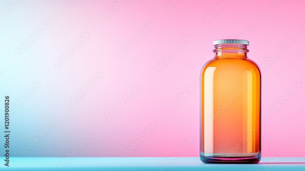 Poster an amber glass bottle is displayed on a color gradient background, showcasing a fusion of artistic d
