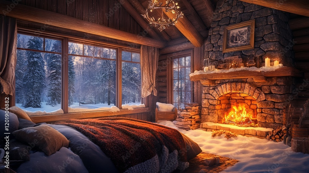 Sticker A cozy winter cabin interior with a roaring fireplace, warm blankets, and snow-covered windows.