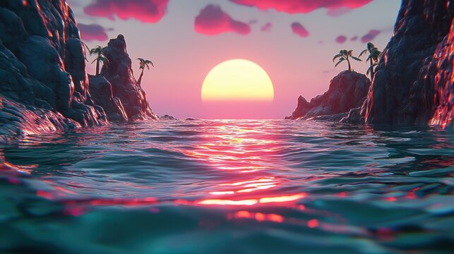 Serene Sunset Over a Tropical Ocean with Silhouetted Palm Trees Between Rocky Outcrops