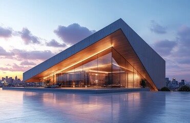 Fototapeta premium Modern Architectural Design of a Unique House with a Geometric Shape Overlooking a City Skyline at Sunset, Highlighting Glass Elements and Contemporary Features