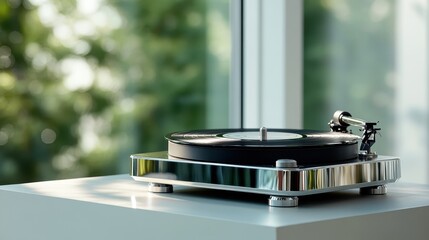 A refined turntable is positioned by a window, drawing natural light and connecting the timeless appeal of vinyl music with the serene beauty of nature.