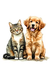 Obraz premium A heartwarming image of a playful kitten and puppy gazing at each other with curiosity. The kitten is perched atop the puppy's head, creating a whimsical and adorable scene.