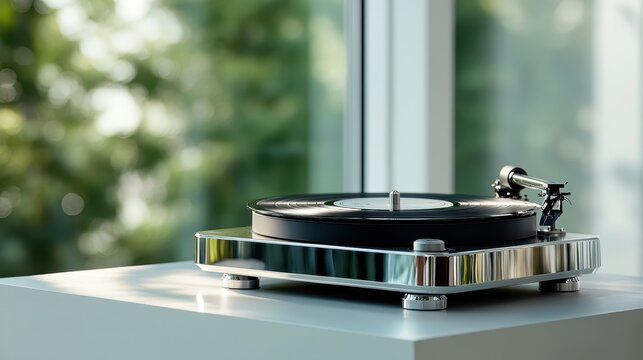 A refined turntable is positioned by a window, drawing natural light and connecting the timeless appeal of vinyl music with the serene beauty of nature.