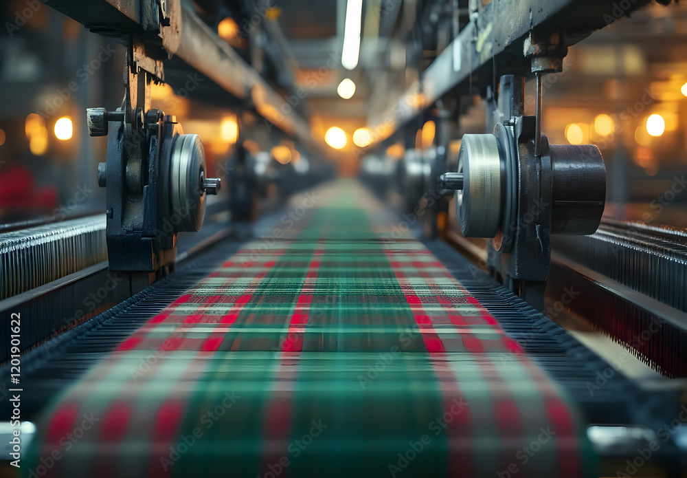 Poster close-up of a textile weaving machine in operation, showcasing the intricate process of fabric creat