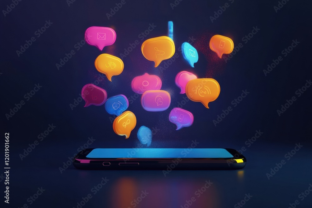 Poster Bright chat bubbles flow from smartphone showcasing vibrant digital communication in a virtual space. Generative AI