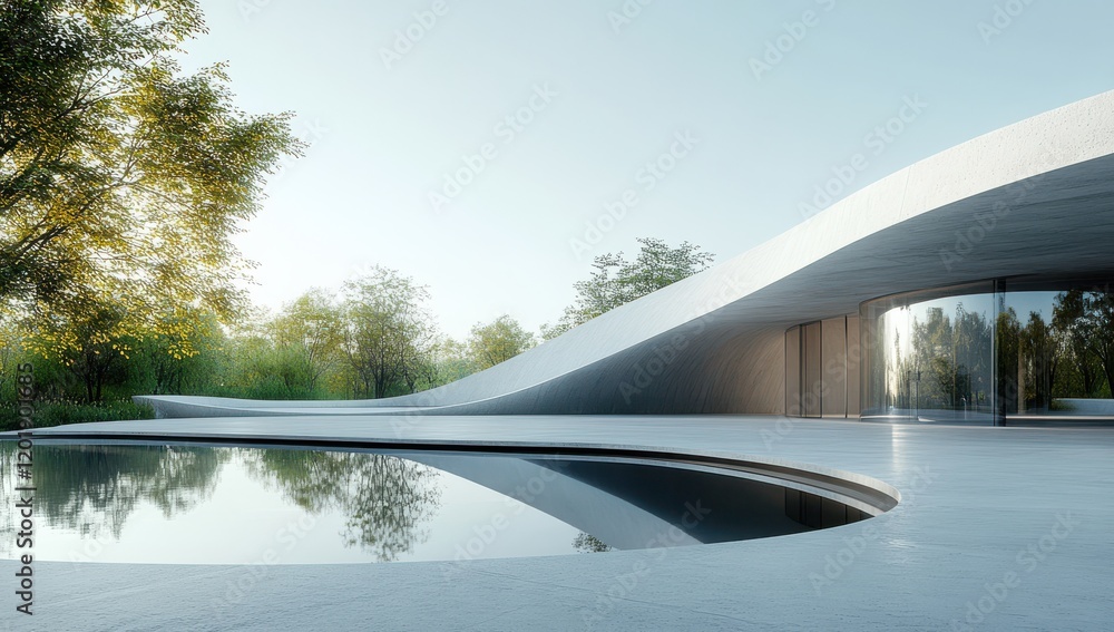 Poster modern architectural design showcasing a flowing structure beside a serene reflecting pool surrounde