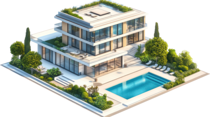 A modern luxury villa featuring a large swimming pool surrounded by lush greenery, showcasing elegant architecture and a serene outdoor living space.