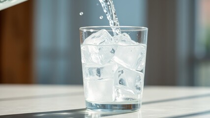 A glass of water filled with ice cubes as water pours from a pitcher into the glass on a white table