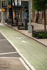 Green bike lane along Manhattan street with pedestrians in the background on a cloudy day in an urban area