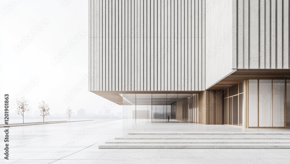Poster modern architectural design showcasing a minimalist building with a unique facade, expansive steps, 