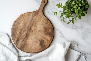 This image features a rustic wooden cutting board alongside fresh herbs, showcasing an inviting kitchen scene ideal for culinary presentations and food photography.