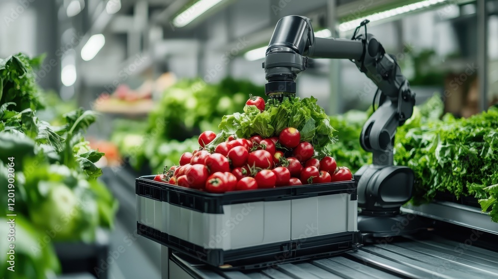 Poster a robotic arm efficiently handles crates filled with ripe red tomatoes amidst lush greenery in a fut