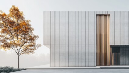 Modern architectural design showcasing a minimalist building with wooden accents and a solitary tree in a serene outdoor setting during autumn mornings