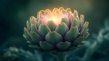 Fototapeta premium A close-up of an artichoke flower with a warm light illuminating its intricate details.