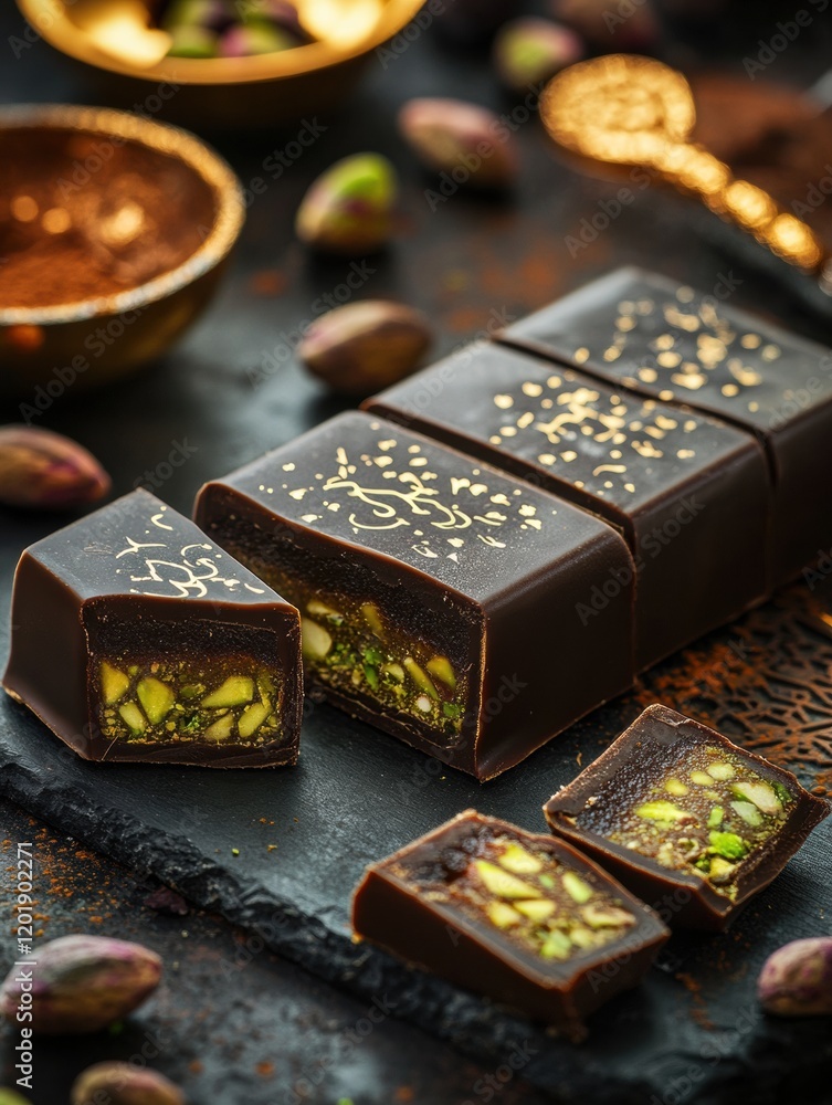 Poster indulging in a rich chocolate bar with creamy pistachio paste filling on a rustic slate board. gener