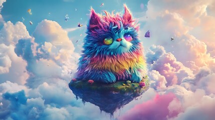 A fluffy monster with multicolored fur sitting on a floating island surrounded by colorful clouds