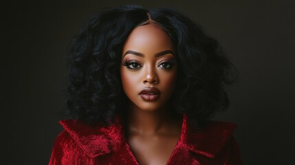 Elegant Woman with Curly Hair in Red Velvet Jacket Against Dark Background