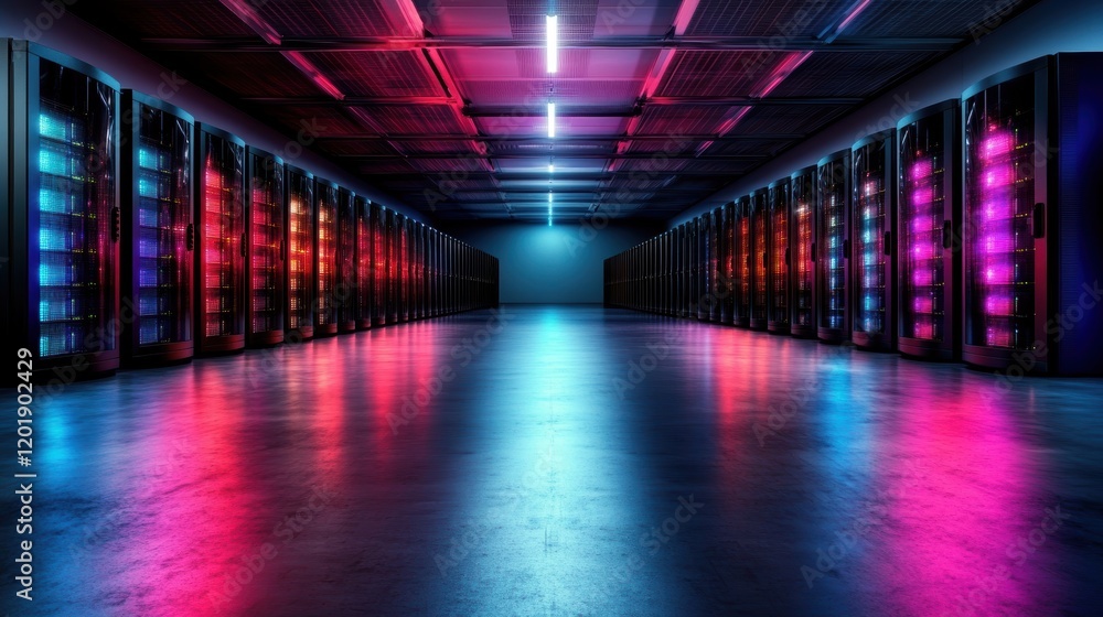 Poster a vivid data center with rows of servers adorned with multi-colored led lights, portraying a dynamic
