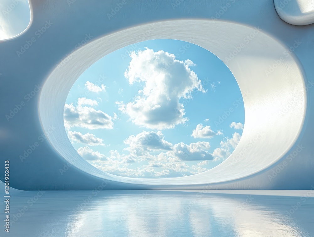 Poster modern architectural design with a futuristic oval window revealing a bright blue sky adorned with s
