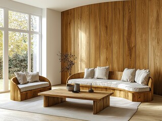Minimalist, Scandinavian interior design in the living room of a house with a wood finish and sofa and table. Generative AI
