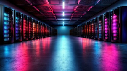 A vivid data center with rows of servers adorned with multi-colored LED lights, portraying a dynamic and energetic technological atmosphere.