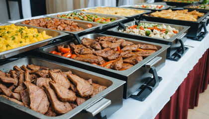luxury buffet ready to be served containing meats, salads, purees.