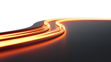 This abstract image features glowing, flowing lines in warm tones, representing motion and innovation against a sleek, dark backdrop.