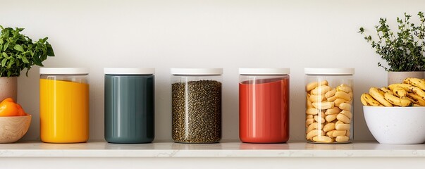Fototapeta premium Colorful Food Storage Jars on Shelf