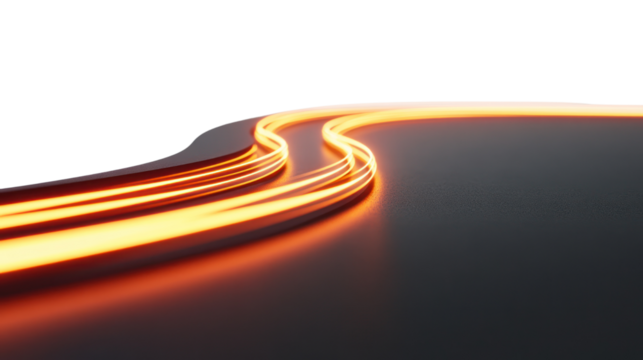 This abstract image features glowing, flowing lines in warm tones, representing motion and innovation against a sleek, dark backdrop.