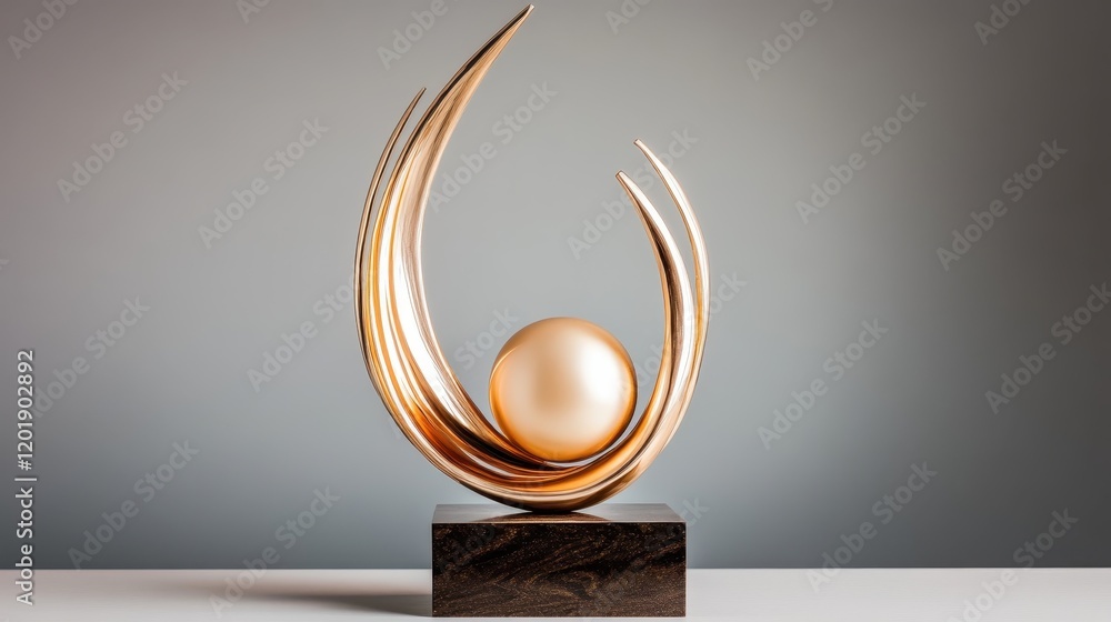 Poster abstract artistic sculpture featuring dynamic sweeping curves cradling a central orb, creating a sen